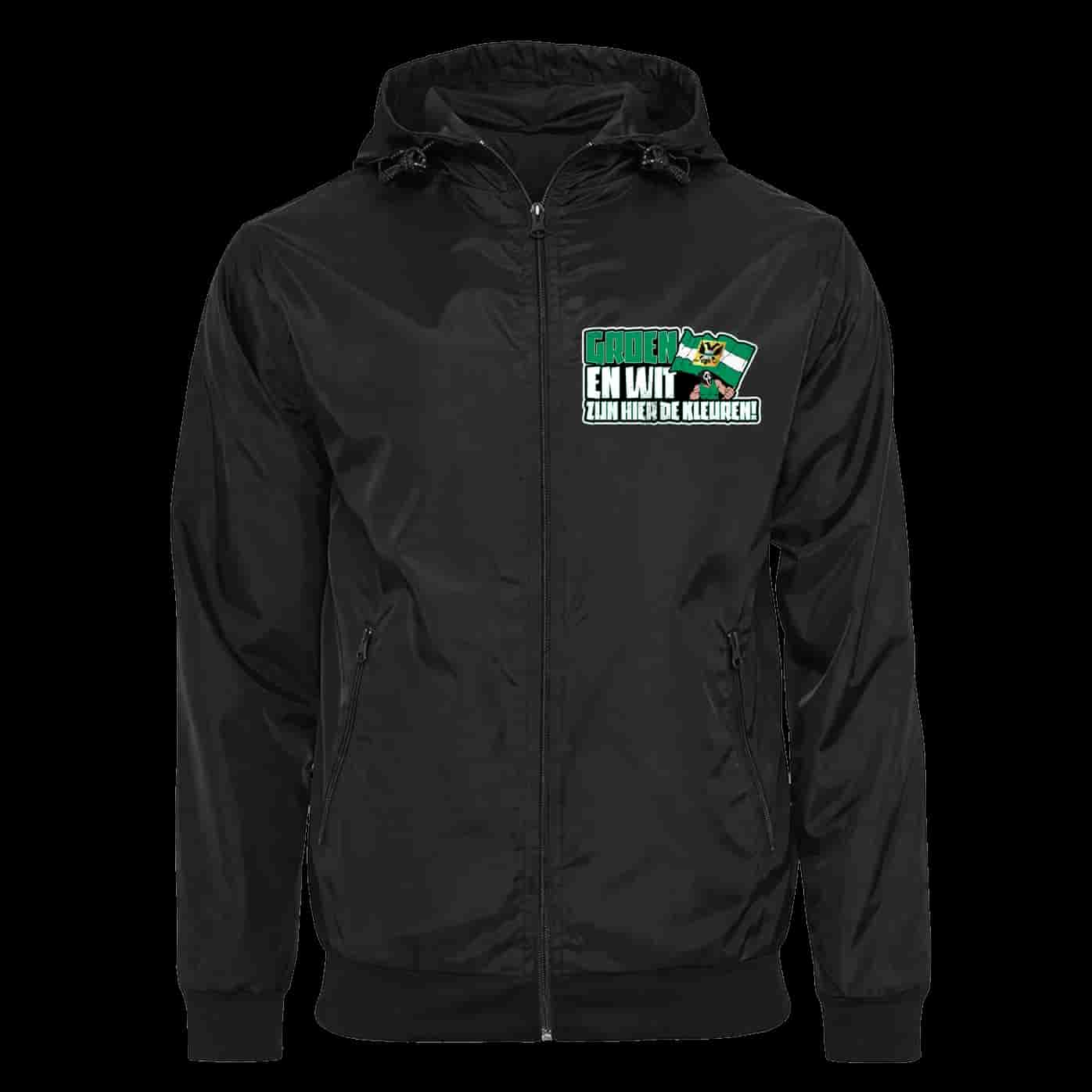 Groen en wit zijn hier de kleuren Jas met afritsbare bivakmuts